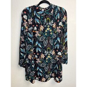 Xhilaration Black Floral Print Long Sleeve Collared Dress Tunic‎ Size M